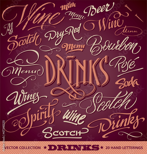 DRINKS menu headlines set of 20 hand letterings (vector) #67340320