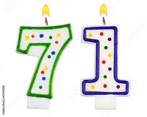 Birthday candles number seventy one isolated on white background