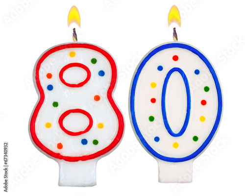 Birthday candles number eighty isolated on white background photo