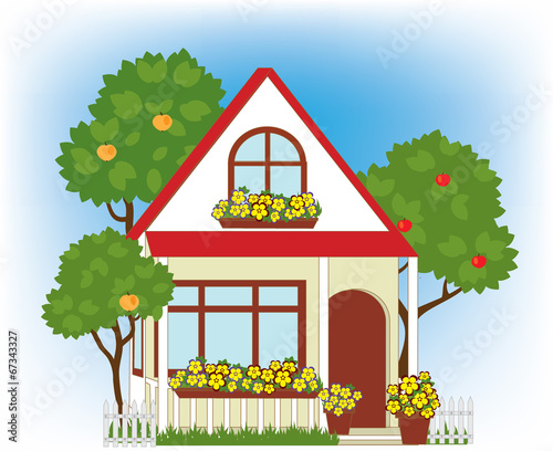 Small house in the garden of flowers and trees