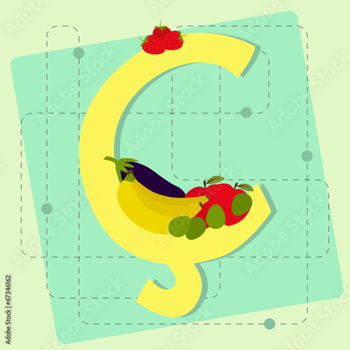 Letter "ç" from stylized alphabet with fruits and vegetables