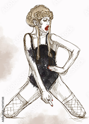 Wow girl. Young woman in underwear. Hand drawn vector on white