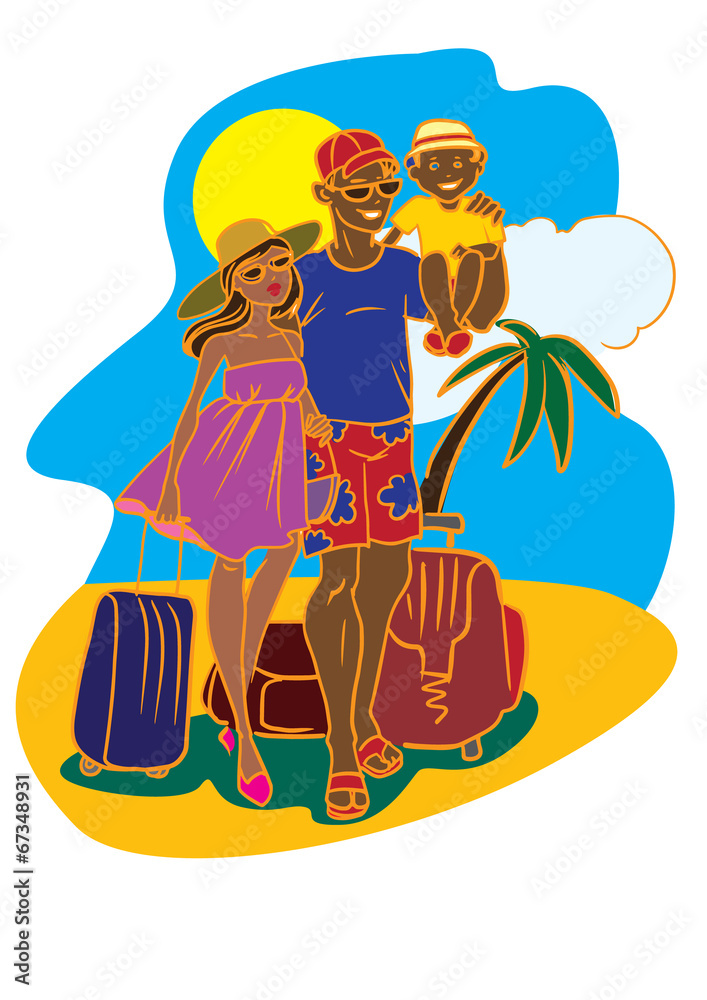 Family with suitcases on a background of sky and palm trees