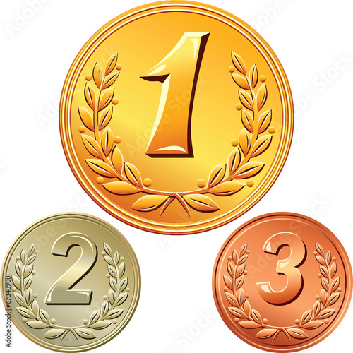 vector set of gold, silver and bronze medals for first, second,