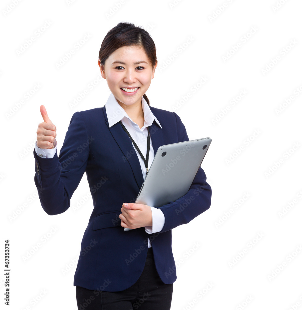 Business woman with laptop computer and thumb up Business woman with laptop computer and thumb up
