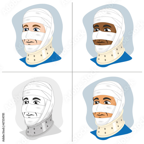 First Aid dressing with bandages on head and neck collar