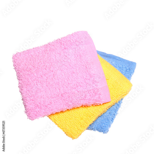 Hand wiping surface with blue rag isolated on white