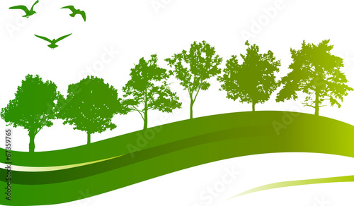 abstract green composition with trees and birds