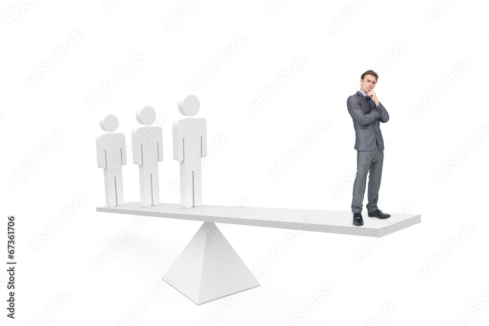 Scales weighing thoughtful businessman and stick men Scales weighing thoughtful businessman and stick men