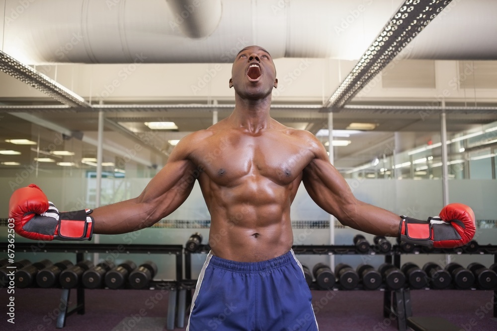Muscular boxer shouting in health club Muscular boxer shouting in health club