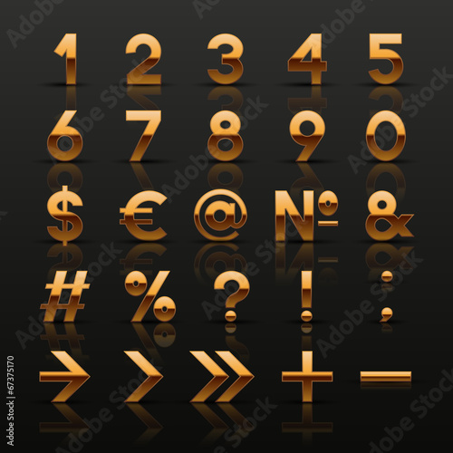 Set of decorative golden numbers and symbols