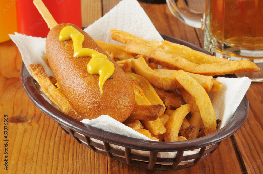 Corn dog with fries