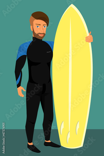 Hipster guy wearing diving suit with yellow surfboard