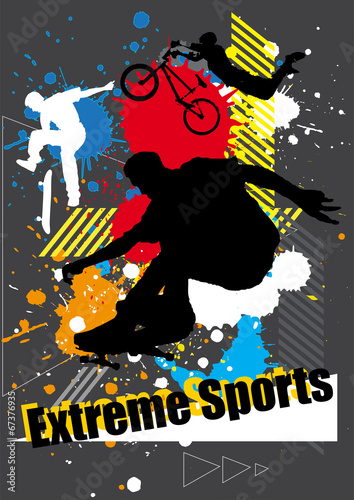 extreme sports skateboarder and bicycle with spray graphic