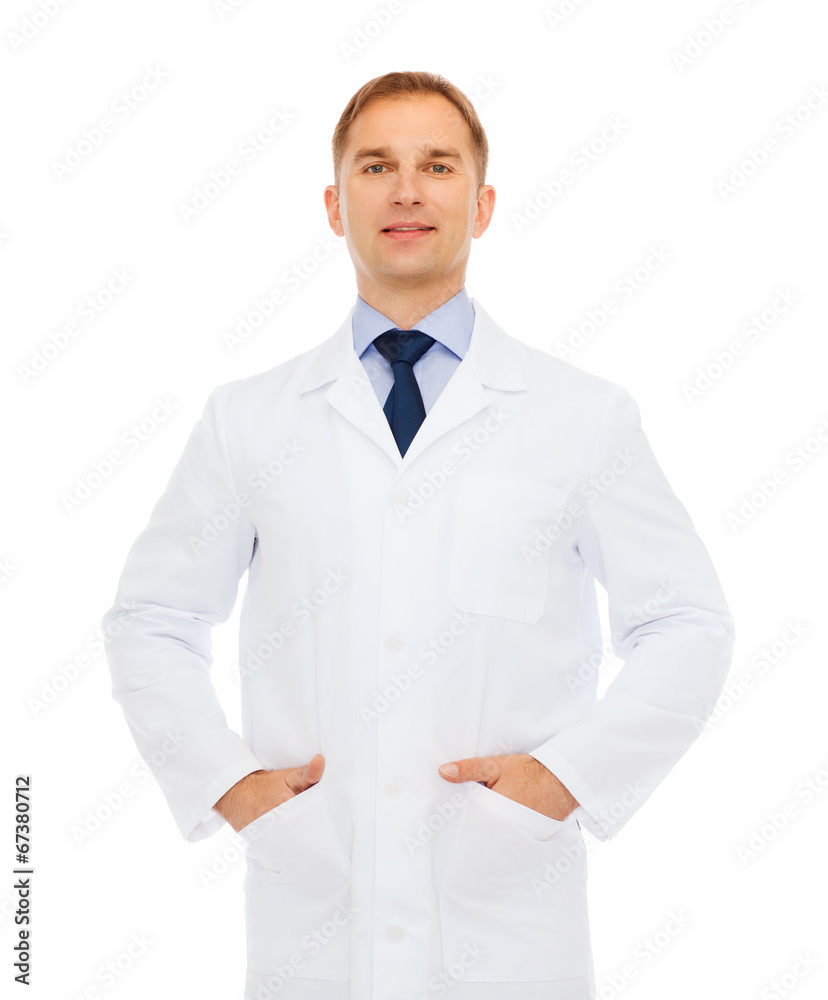 smiling male doctor in white coat smiling male doctor in white coat