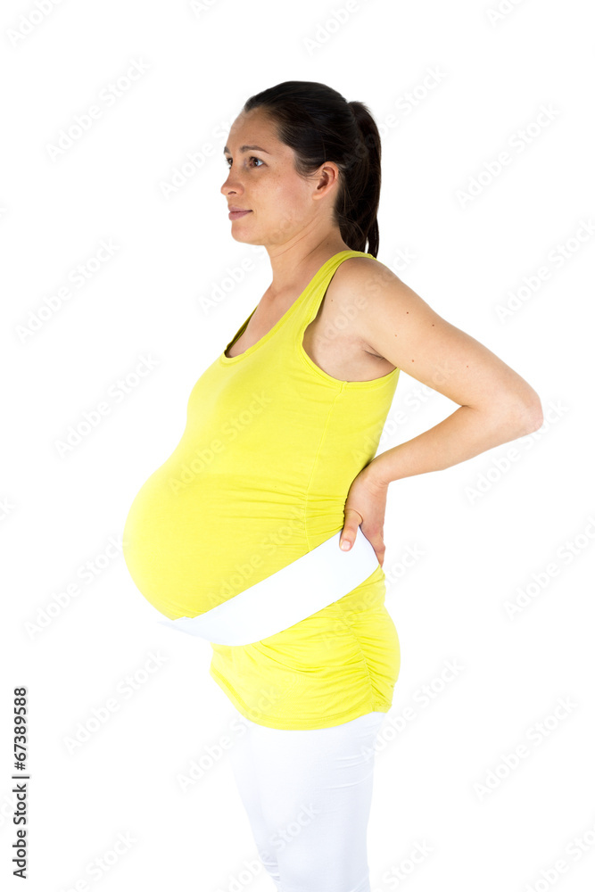 Pregnant woman using back support belt Pregnant woman using back support belt