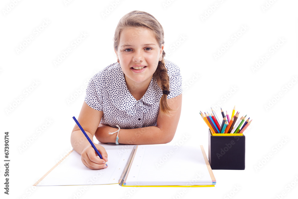 Child girl drawing with pencil, isolated on white background Child girl drawing with pencil, isolated on white background