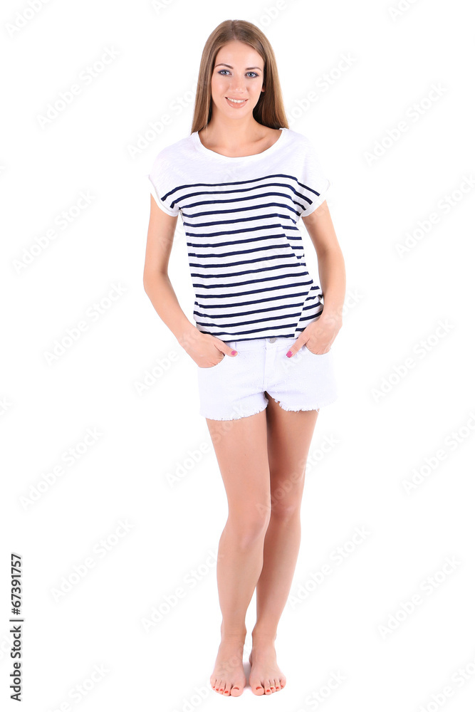 Beautiful young girl in shorts and t-shirt isolated on white Beautiful young girl in shorts and t-shirt isolated on white