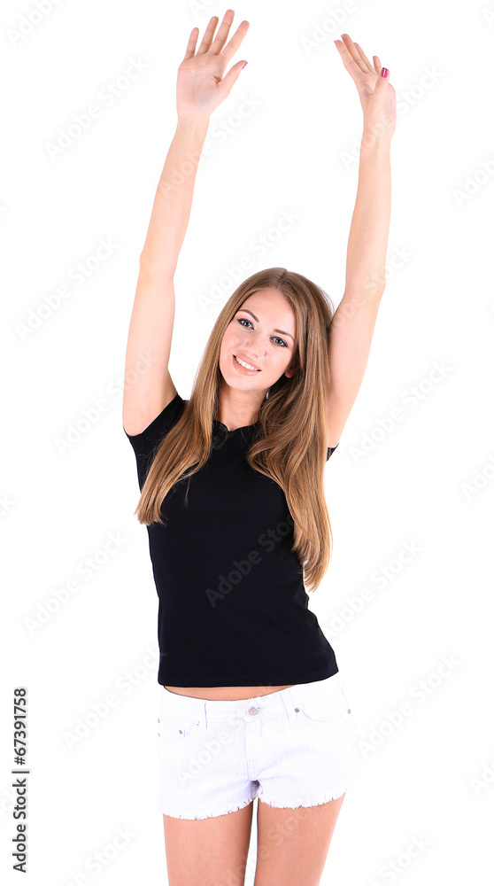 Beautiful young girl in shorts and t-shirt isolated on white Beautiful young girl in shorts and t-shirt isolated on white