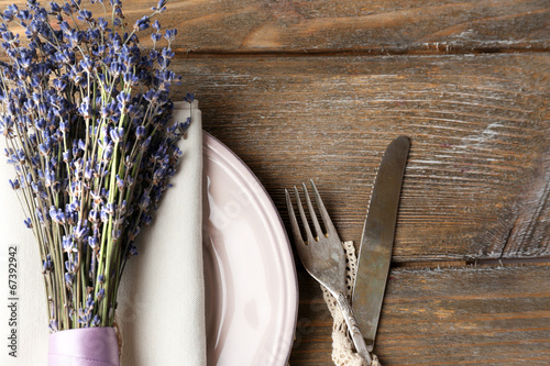 Dining table setting with lavender flowers