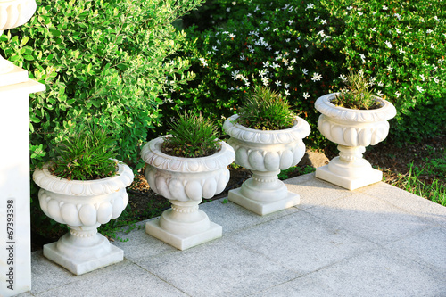 Stone planters with flowers in garden