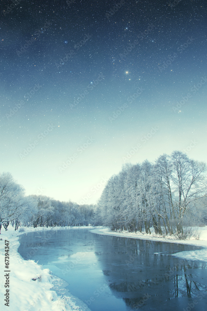 winter river at night. Elements of this image furnished by NASA