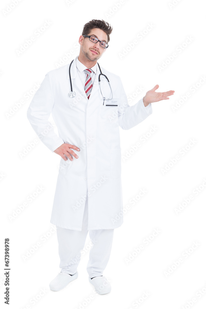 Doctor Giving Presentation Over White Background Doctor Giving Presentation Over White Background