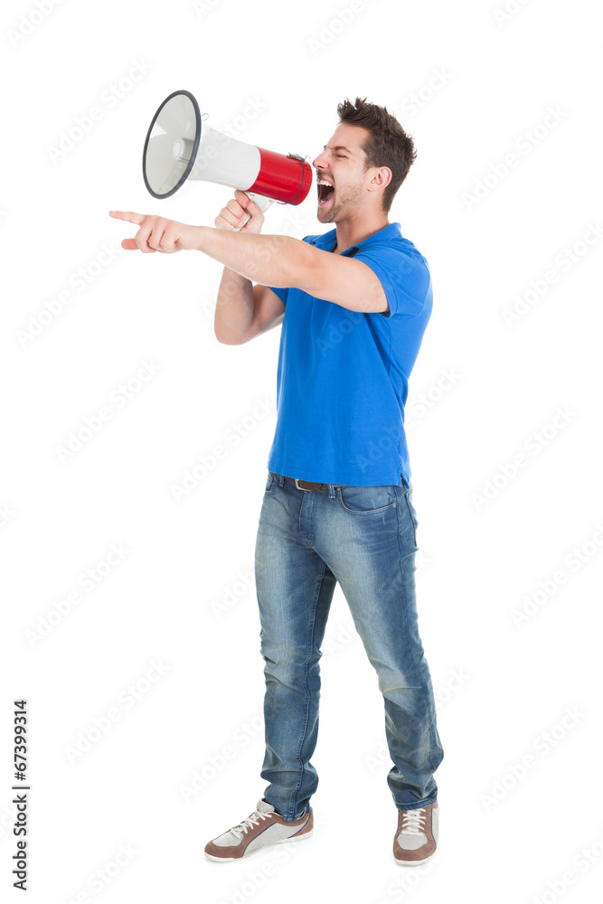 Man Screaming Into Bullhorn While Pointing Away Man Screaming Into Bullhorn While Pointing Away
