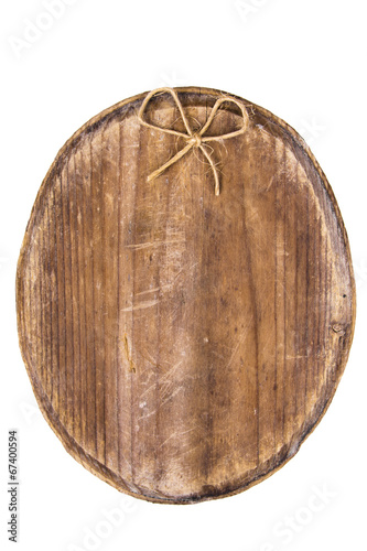 old oval wooden tablet and bow isolated on white background