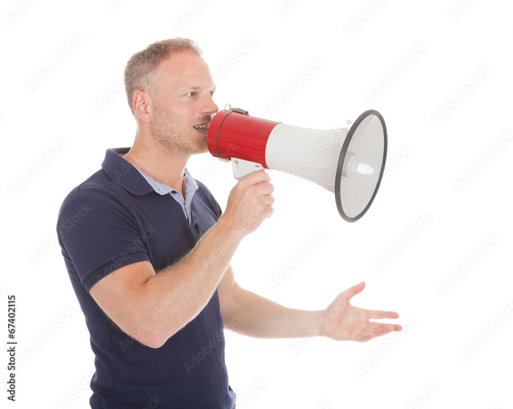 Man Screaming Into Bullhorn While Pointing Away Man Screaming Into Bullhorn While Pointing Away
