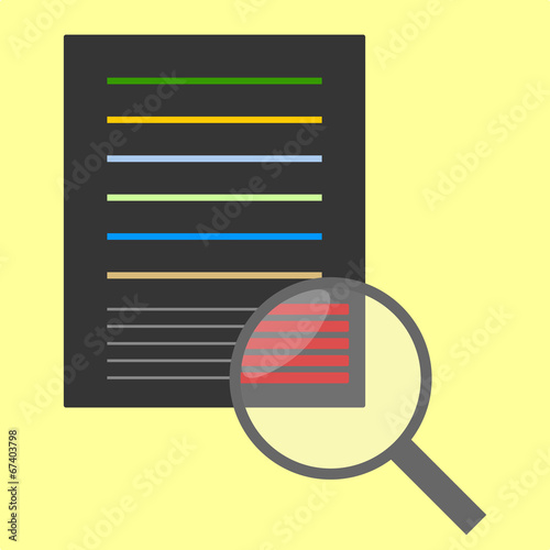 Abstract text sheet with magnifier