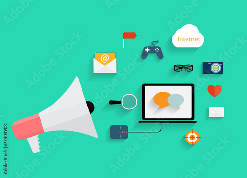 Hand holding Megaphone with Icon Set. Vector Illustration
