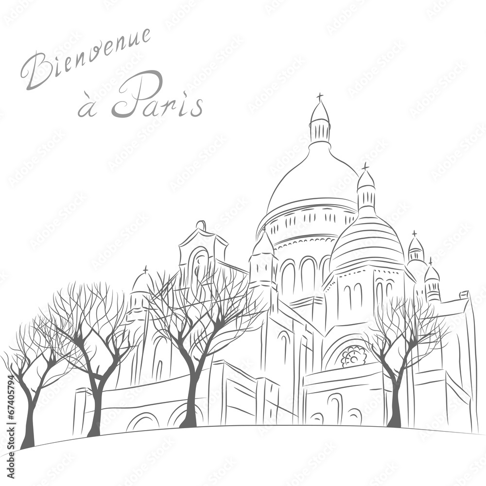 Vector sketch of cityscape with Sacre Coeur in Paris