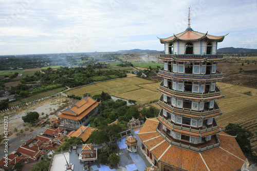 top view of chinese pagoda wat tum khao noi temple in kanchaburi photo