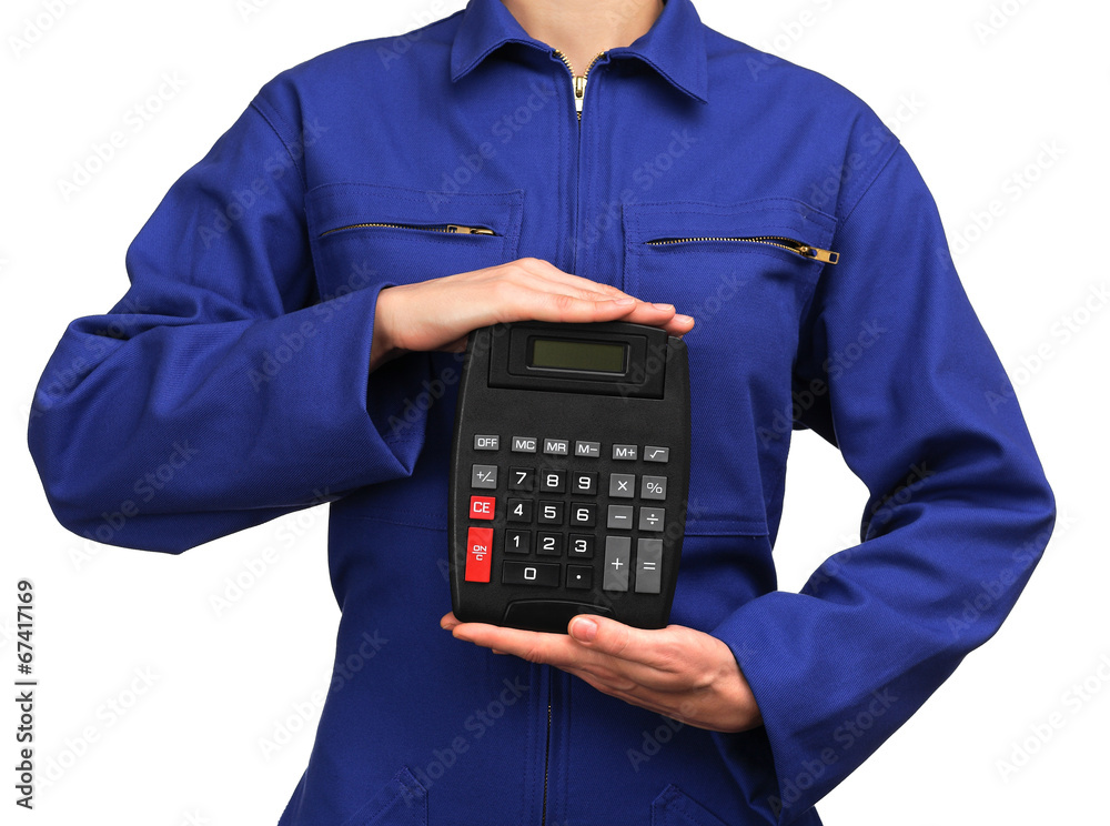 woman in blue work uniform holding a calculator woman in blue work uniform holding a calculator