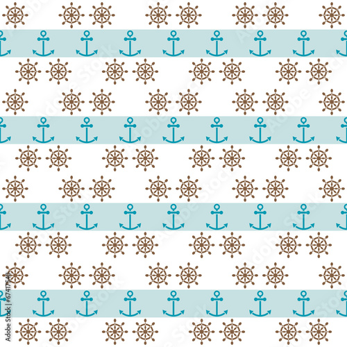 Seamless sea pattern with anchors and hand wheels