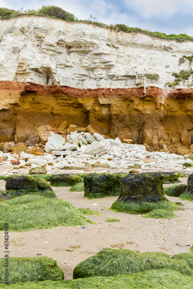 Red and whilte sandstone and chalk cliffs at Hunstanton, Norfolk