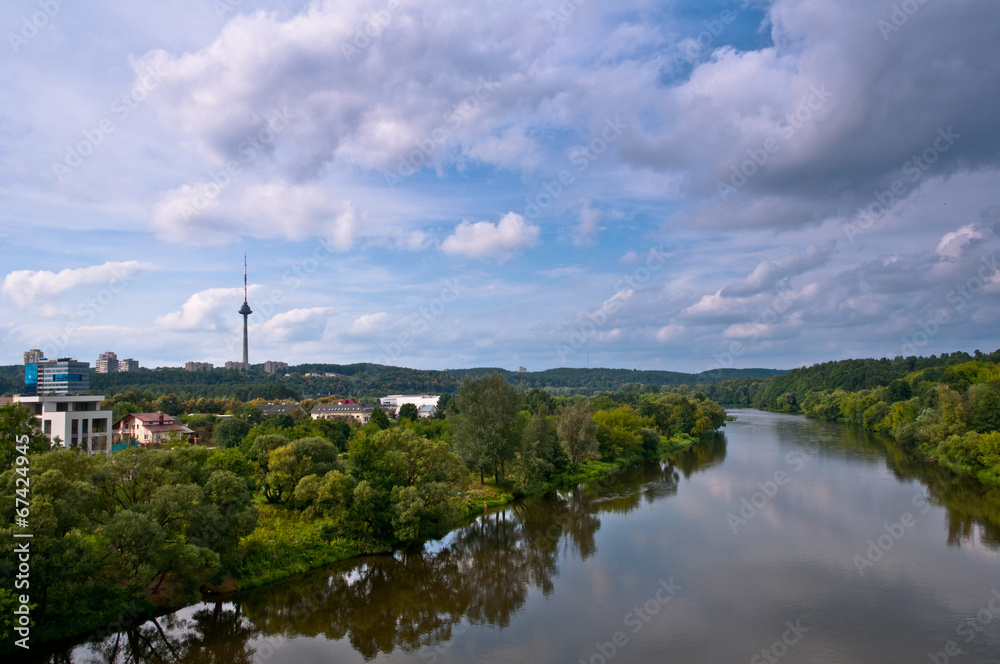 Vilnius City View, Neris River, Green Trees, Cloudy Sky