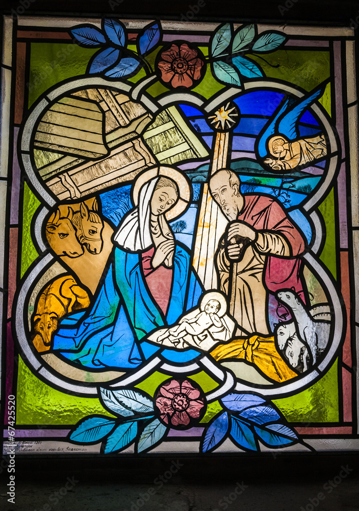 Stained glass window, Christmas scene, the birth of Jesus Christ