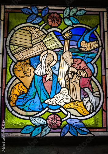 Stained glass window  Christmas scene  the birth of Jesus Christ