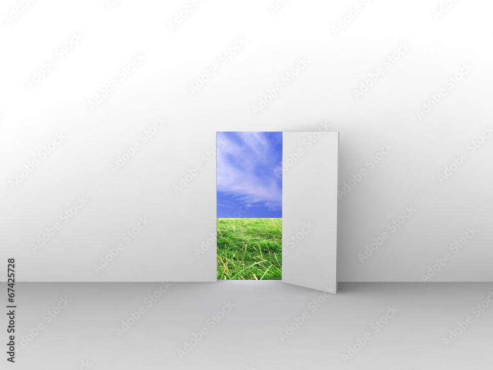 Exit with door to natural landscape. Concept - eco house. Exit with door to natural landscape. Concept - eco house.