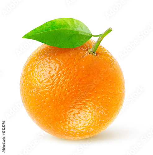 Isolated orange. One fresh orange fruit with leaf over white background