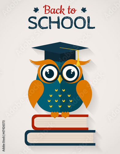 Back to school. Card with wise owl. Vector illustration.