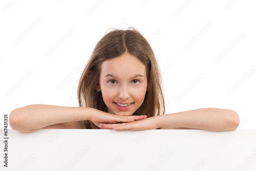 Portrait of smiling girl behind placard Portrait of smiling girl behind placard