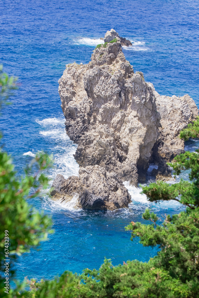 Rock on Ionian Sea near Paleokastritsa on Corfu Island in Greece