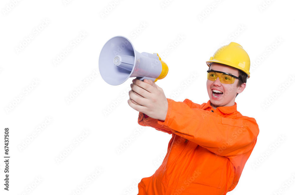 Builder with loudspeaker isolated on white Builder with loudspeaker isolated on white