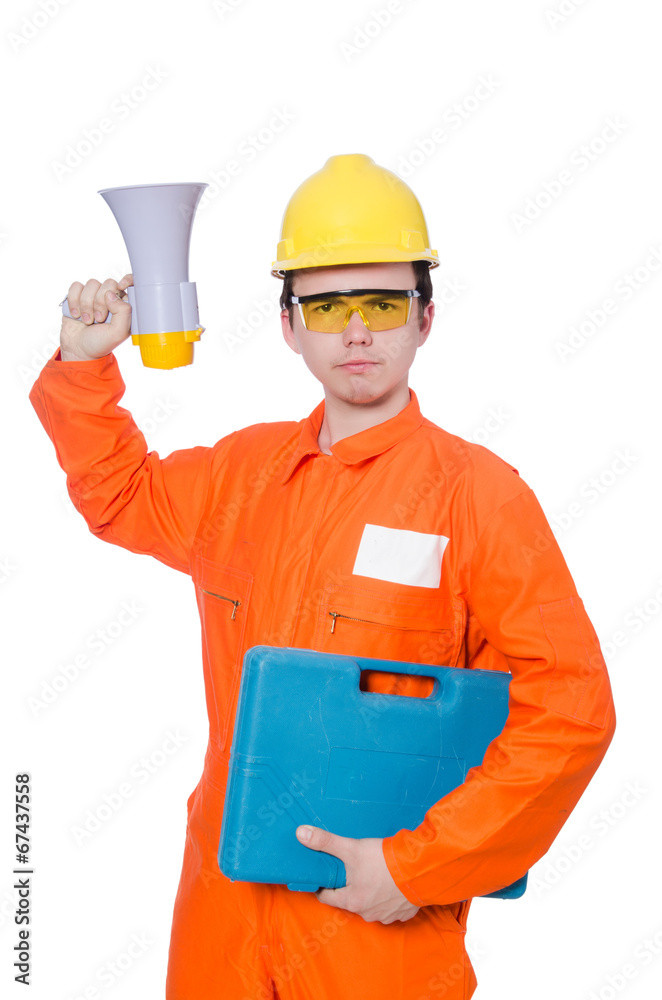 Builder with loudspeaker isolated on white Builder with loudspeaker isolated on white