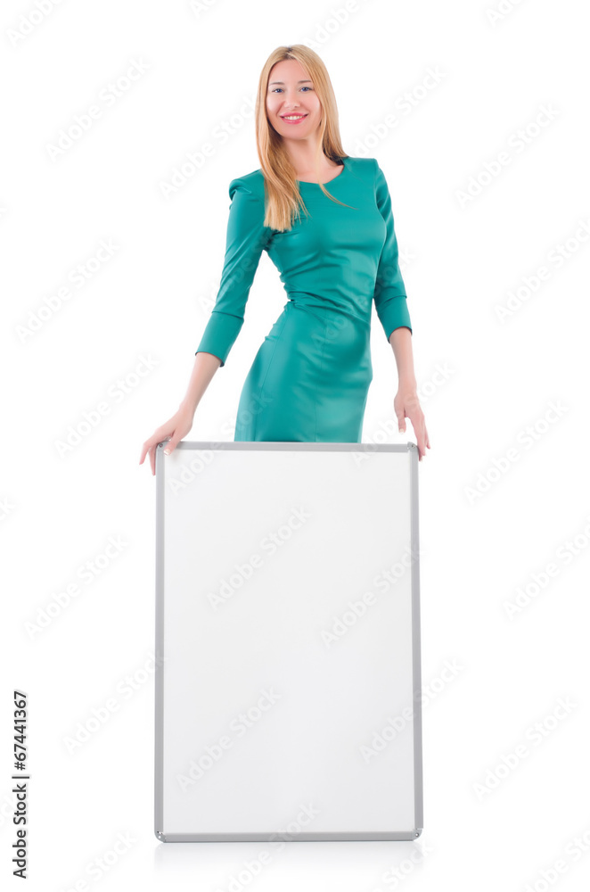 Woman in green dress with blank board Woman in green dress with blank board