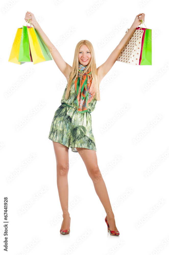 Woman after shopping spree on white Woman after shopping spree on white