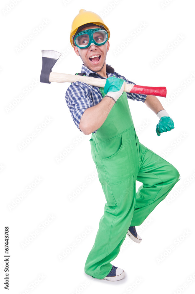 Funny man with axe isolated on white Funny man with axe isolated on white